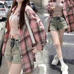 Розовая клетчатая рубашка-пальто: защитный от солнца