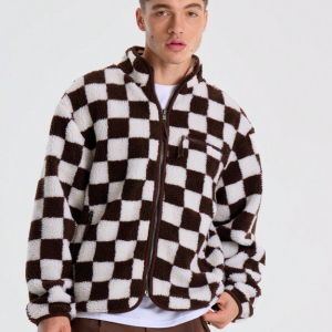 Пуховик с капюшоном, свободного кроя, в крупной ромбовидной клетке для зимы