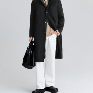 Мужское пальто из шерстяной ткани, ниже коленей, чёрного цвета, утеплённого, с высоким воротником, средней длины, новый образец для осени и зимы