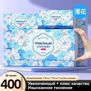 Меловые салфетки рулонные Маньхуа «Цамелия» – 400 листов, 20 упаковок в коробке
