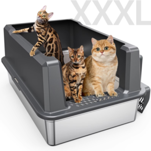 XXL Extra Large Cat Sand Bowl, SUS201 Cat Sand Box, Sealed Cat Sand Bowl, чёрный, подходит для крупных кошек, металлическая поддон для песка для кошек с высоким краем, устойчивая к запахам, не пропускающая мочу, удобная для уборки, в комплекте — ложка, безопасная конструкция без риска зацепления (сборная),
