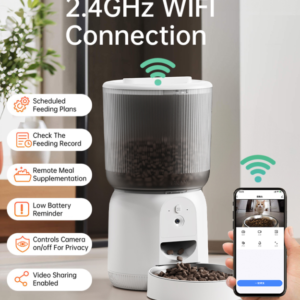 Умный кормильщик с видеонаблюдением, поддержка Wi-Fi и 2,4 ГГц, дистанционное управление через приложение, программное управление по времени и количеству корма, двухканальный источник питания, объём 3,7 л, двунаправленное голосовое управление, защита от влаги с силиконовым осушителем,