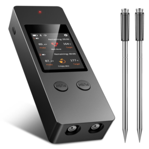Bluetooth-термометр для измерения температуры мяса при grillingе; изготовлен из нержавеющей стали SUS304; диапазон измерений — до 700 футов; автономность работы от батареи — до 24 часов; время отклика — 1 секунда; отображение температуры на зонде