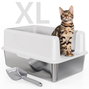 Открытый контейнер для котят (белый, размер XL) — из нержавеющей стали и металла с высоким краем.Обладает антизапаховыми свойствами, предотвращает утечку мочи, легко очищается и поставляется с лопаткой для сбора.Комплектная корзина для мусора с усиленной защитой от попадания мусора в уловку