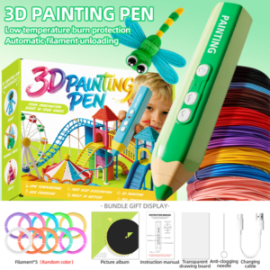 Зелёный стилус для 3D-печати и стилус для 3D-рисования, предназначенный для создания трёхмерного искусства детьми.Особенности: перезаряжаемые цветные заправочные элементы, порт Type-C, автономность работы от 45 минут и технология предотвращения засоров.Совместим с различными материалами и разработан с учётом эргономики как для детей, так и для взрослых